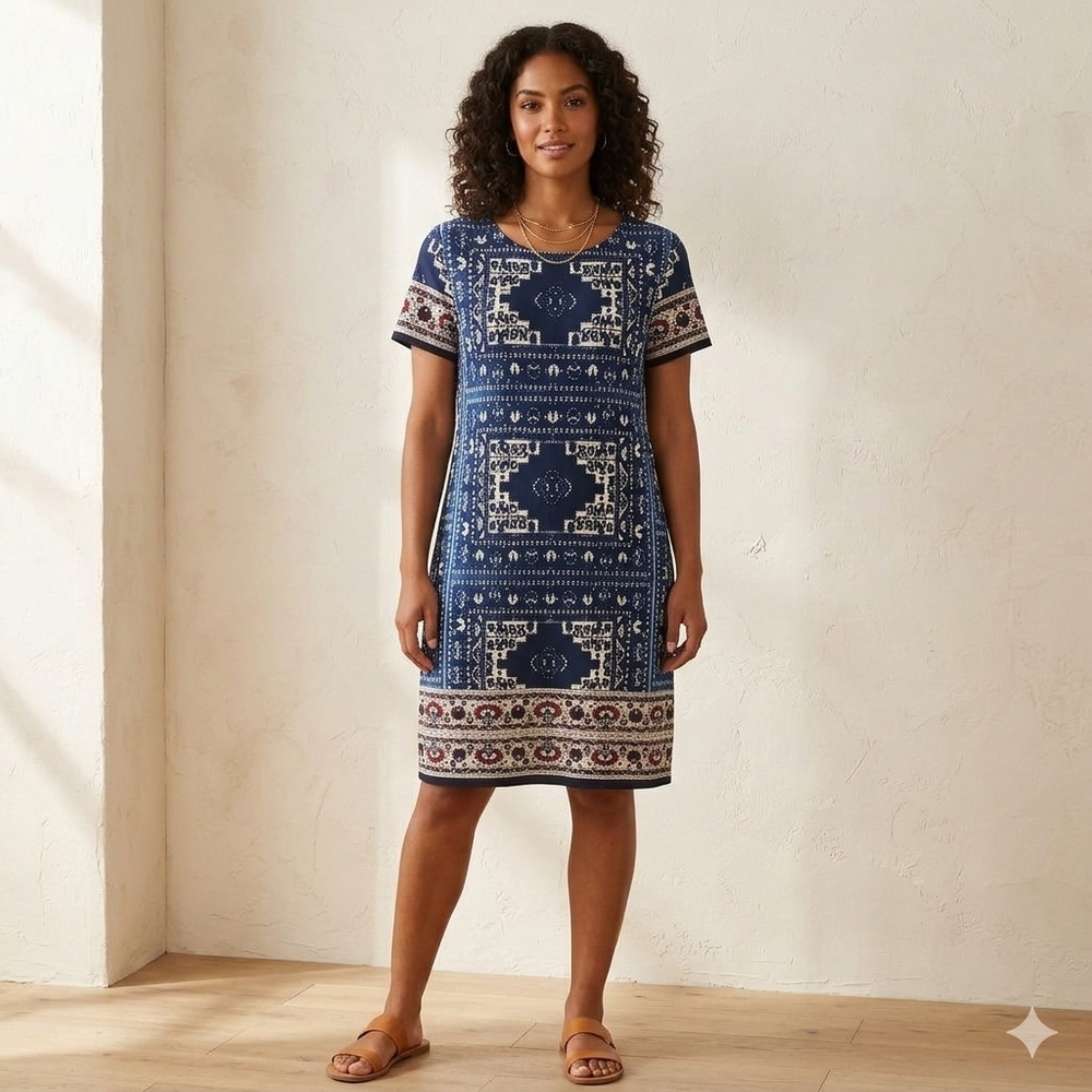 London Times Blue and White Patterned Dress